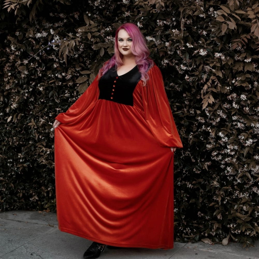 Lively Ghosts Orange & Black Velvet Rhiannon Dress